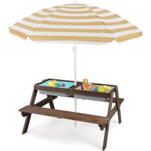 4-In-1 Cedar Wooden Sand & Water Picnic Table With Umbrella And Removable Boxes For Kids