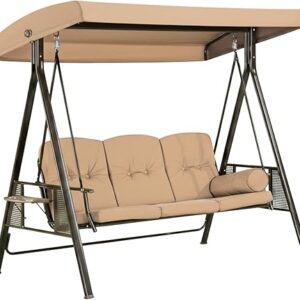 PURPLE LEAF 3-Seat Deluxe Outdoor Patio Porch Swing with Weather Resistant Steel Frame, Adjustable Tilt Canopy, Cushions and Pillow Included, Beige