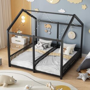 Double Montessori Floor Bed with Fence & Roof for Two Kids Teens Boys Girls,Twin Floor Bed,Easy Assemble,No Box Spring Needed, Black