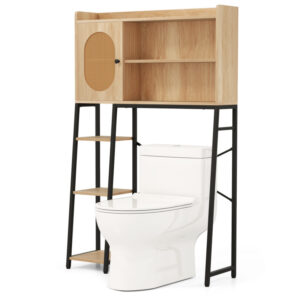 Over The Toilet Storage Cabinet with PE Rattan Door and Open Storage Shelves